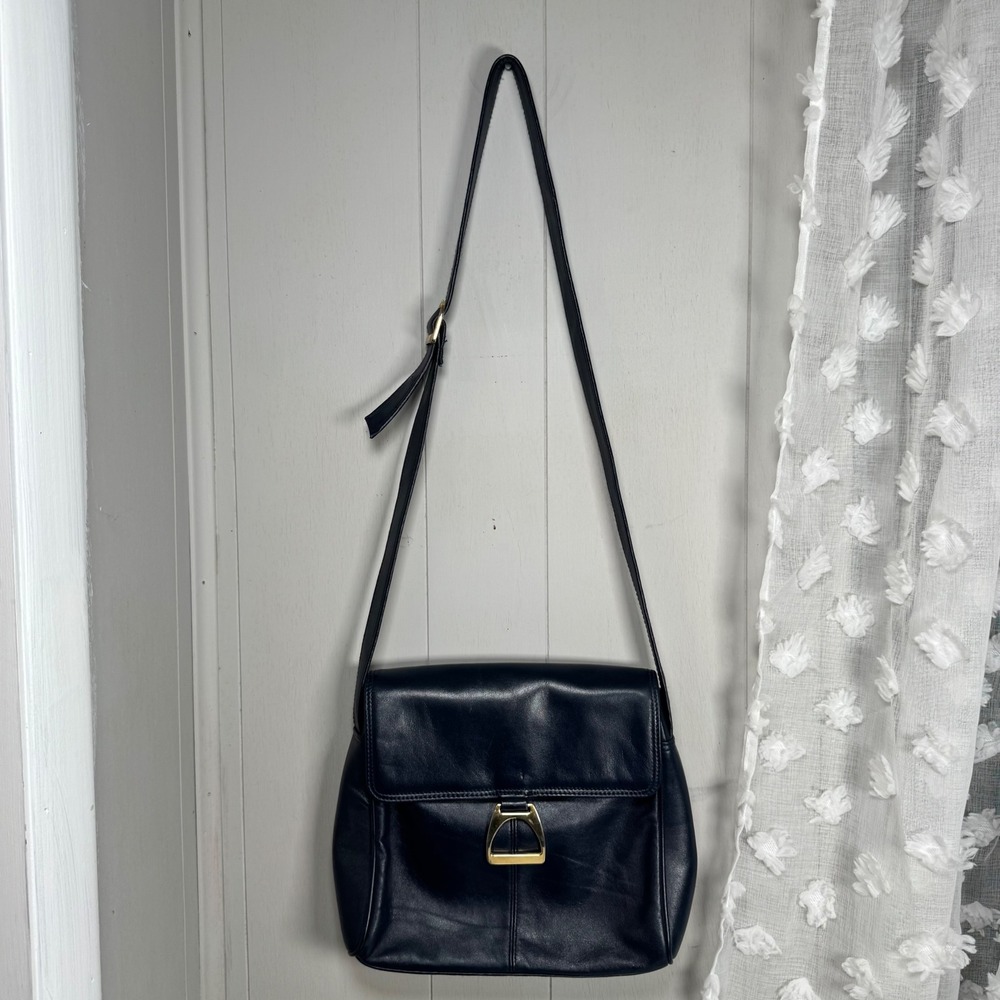 Vintage Giani Bernini Navy Blue Leather Shoulder Bag Satchel Gold Hardware